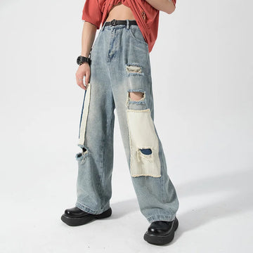 Aidase 2024 Men's Hole Casual Jean Beggar Pants High Street wear Spliced Jeans Summer Trendy Worn Out Wide Leg Denim Pants streetwear aidase-shop